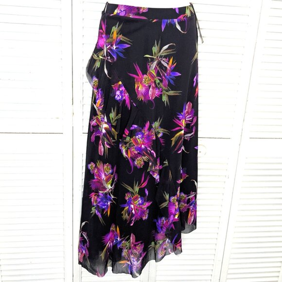 FUZZI Italy Black Floral Mesh Skirt NWT Small Pink Bird Paradise Ruffle Maxi - Picture 4 of 16
